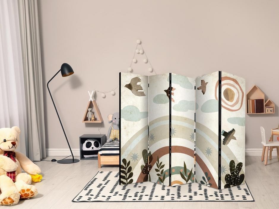 Paravent - Sun Above the Rainbow - Birds in Subdued Colors Flying Among Clouds Above a Rainbow and Vegetation on a Light