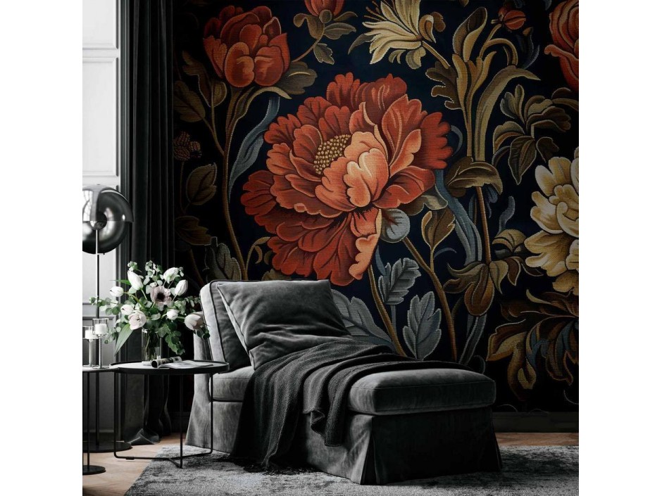 Papier peint - Tapestry Large Flowers Retro Floral Motif in Kilim Style