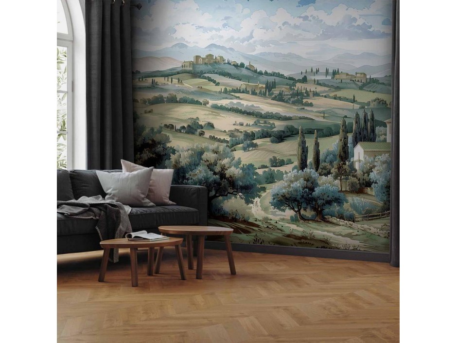 Papier peint - Landscape with Green Fields and Trees Tuscan Sunny View