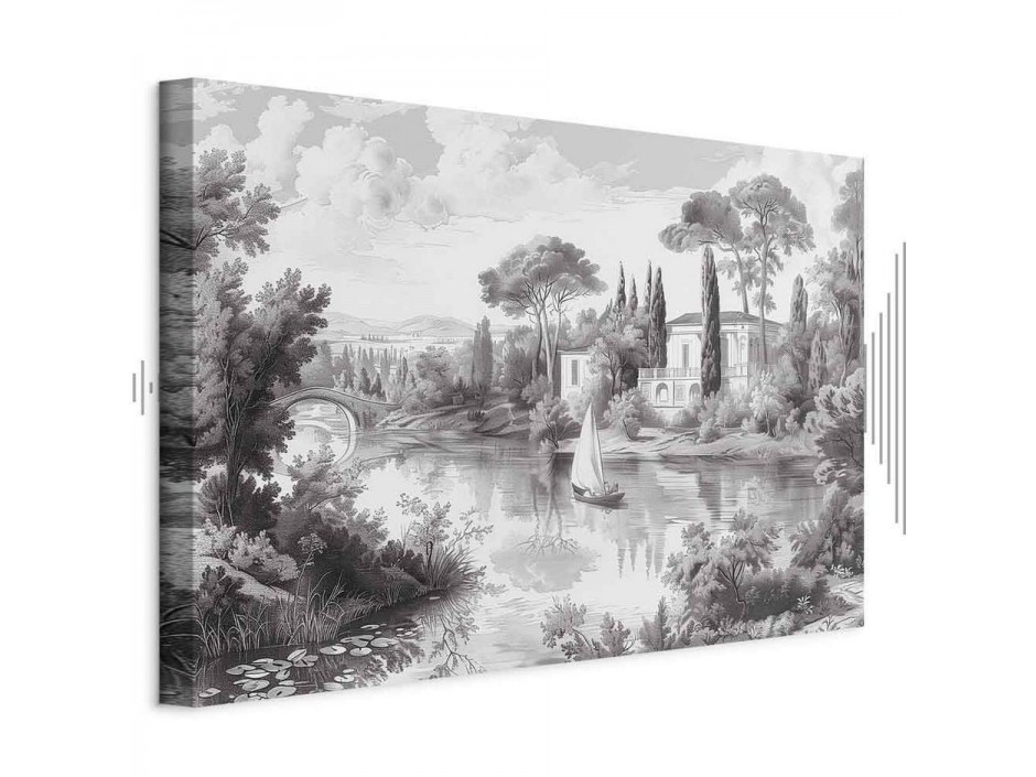 Tableau - Black and White Vintage Landscape Retro View of a Pond with a Boat
