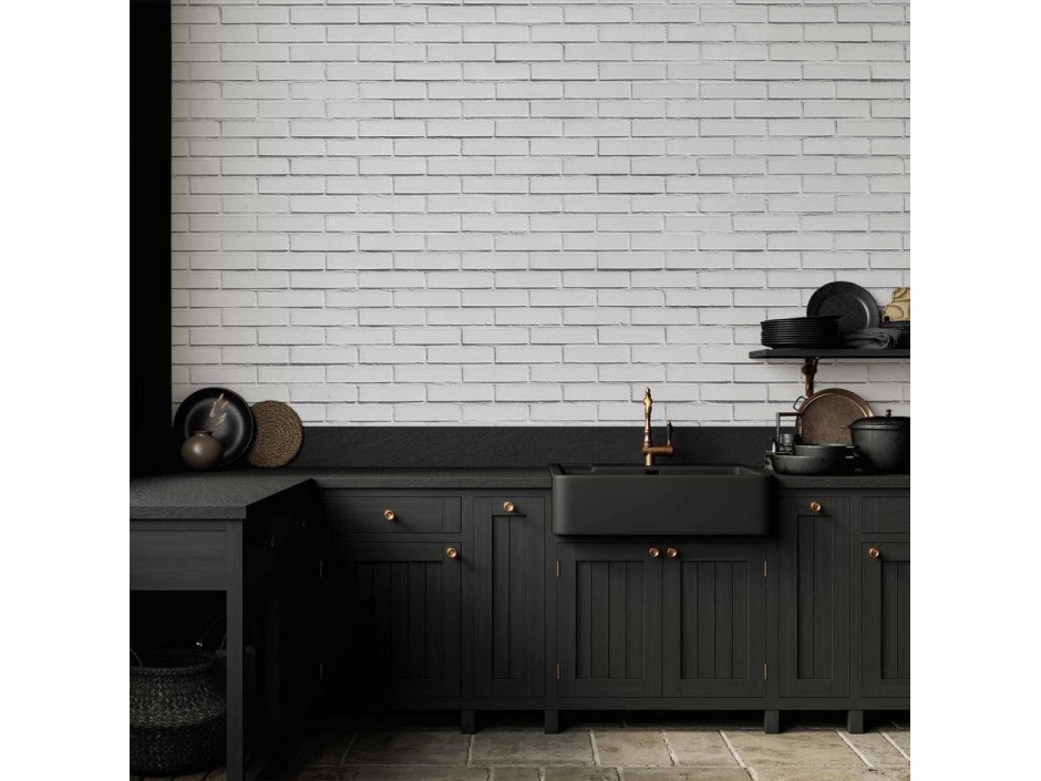 Papier peint - Snow Brick - Pattern Imitating a Brick Wall in White