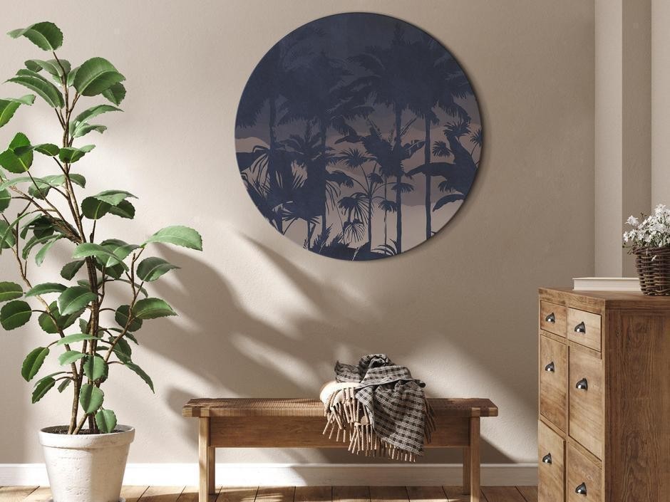 Tableau rond - Evening in an exotic forest - Tropical greenery under the cover of night against the backdrop of mountain