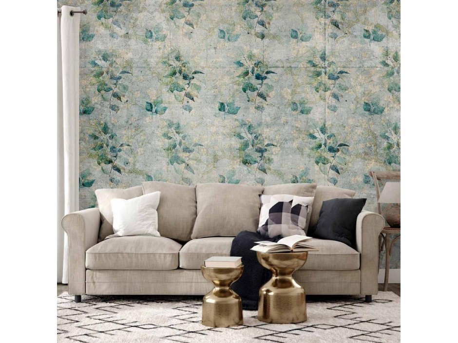 Papier peint - Mint tones - green leaf bouquets on a retro patterned background