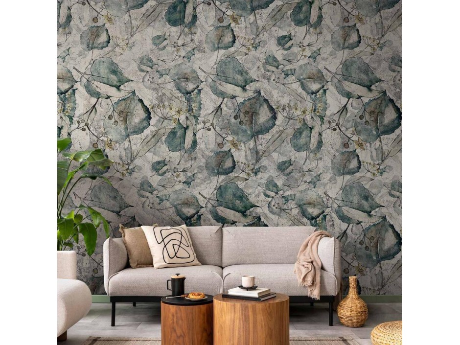 Papier peint - Autumn souvenirs - cool grey floral pattern with leaves