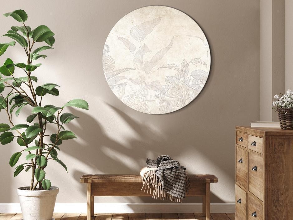 Tableau rond - Muted exotic greenery - Delicate outlines of tropical shrubs on beige and sand background