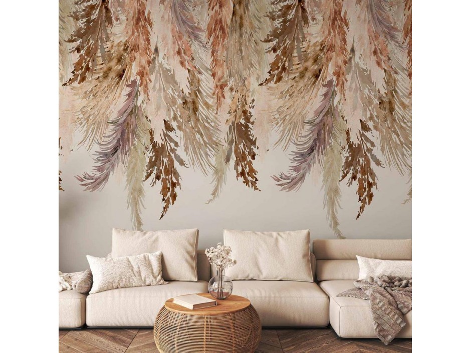 Papier peint - Minimalist boho landscape - dangling leaves in beige colours