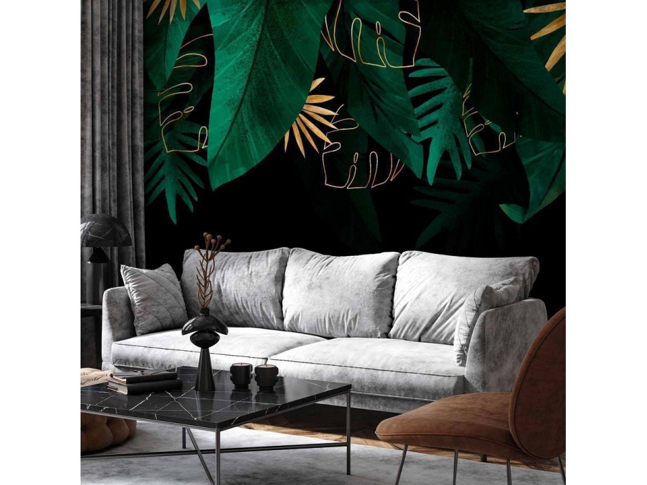 Papier peint - Jungle and composition - motif of green and golden leaves on a black background