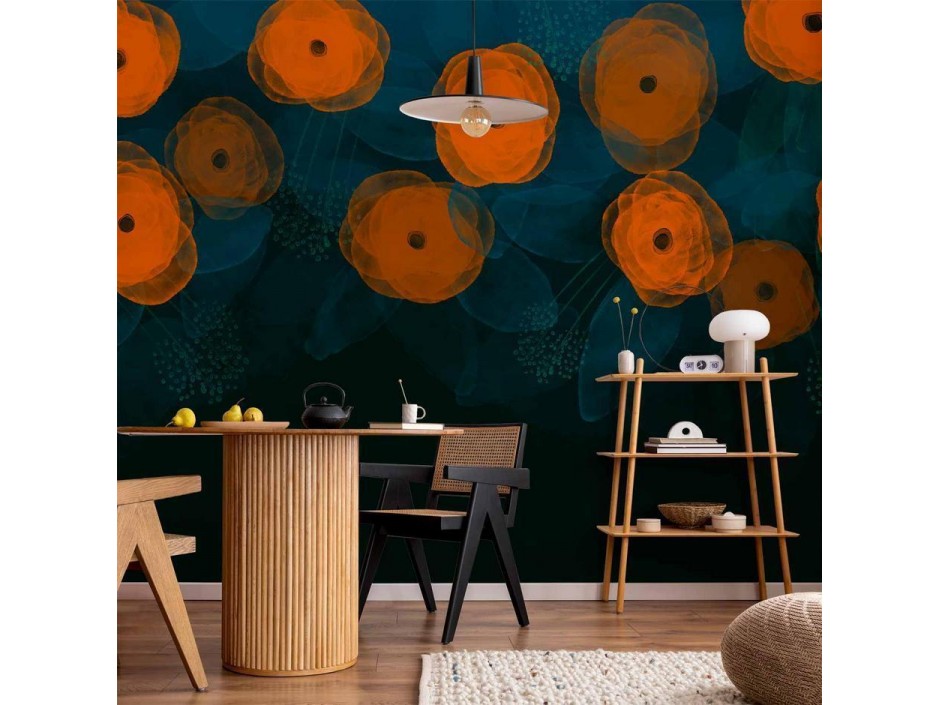 Papier peint - Watercolour composition - orange patterns on a delicate leaf background