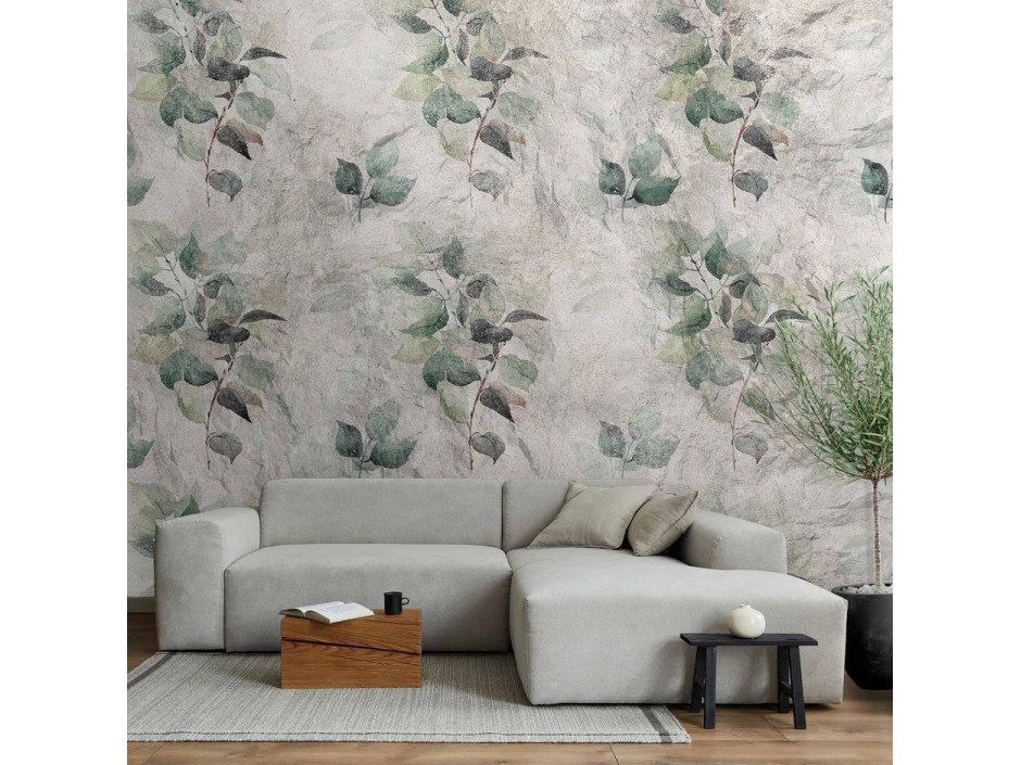 Papier peint - Statue of nature - plant motif with green leaves with grey patterns