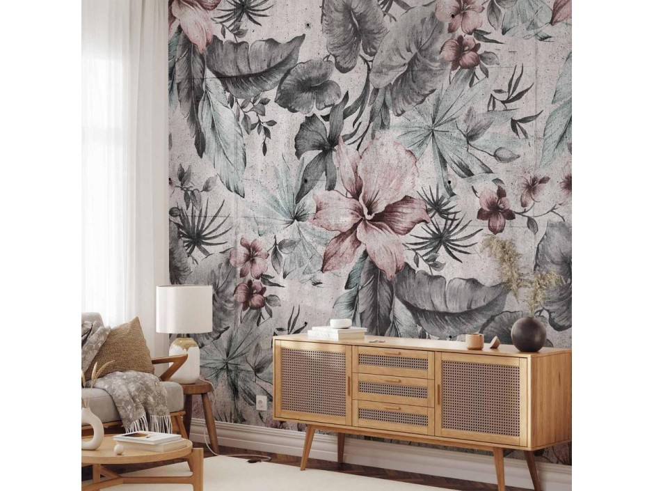 Papier peint - Nature in retro style - landscape with leaves and flowers in grey tones