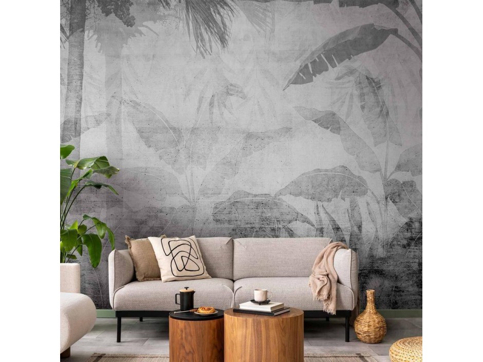 Papier peint - Vanishing jungle - landscape of exotic trees and leaves in grey tones
