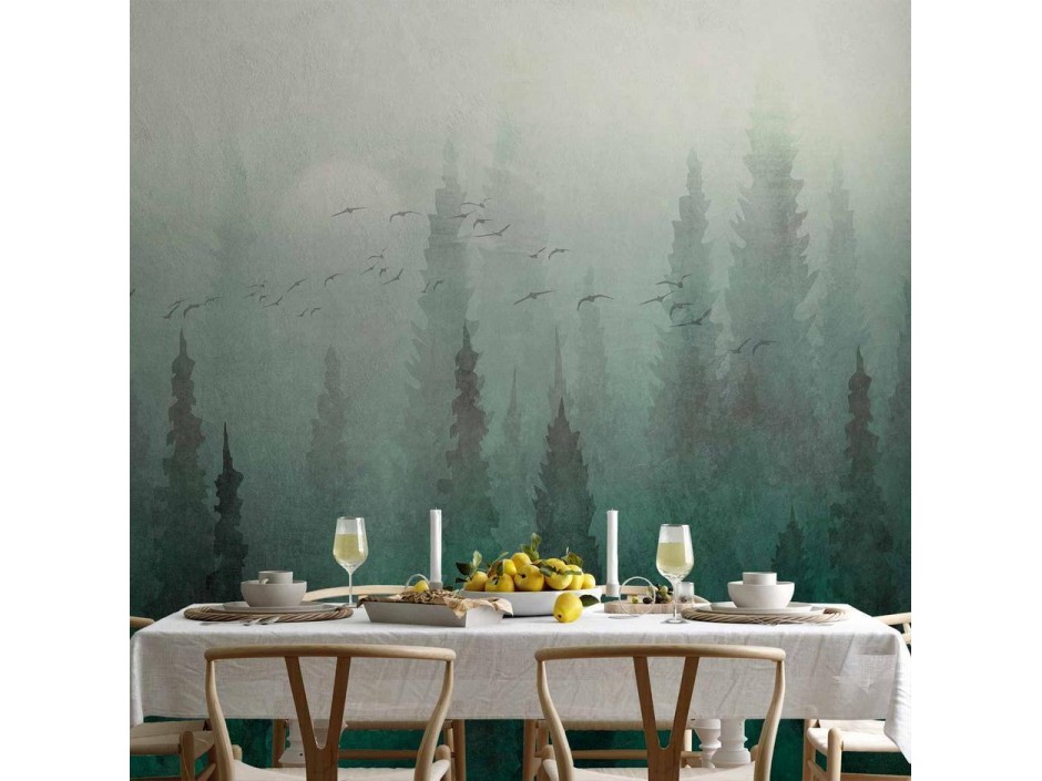 Papier peint - Birds eye perspective - landscape of a green forest with trees in the mist