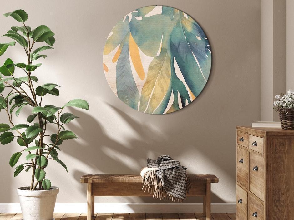 Tableau rond - Watercolor exotics - Hanging delicate tropical plants in colors of green and yellow on a beige background
