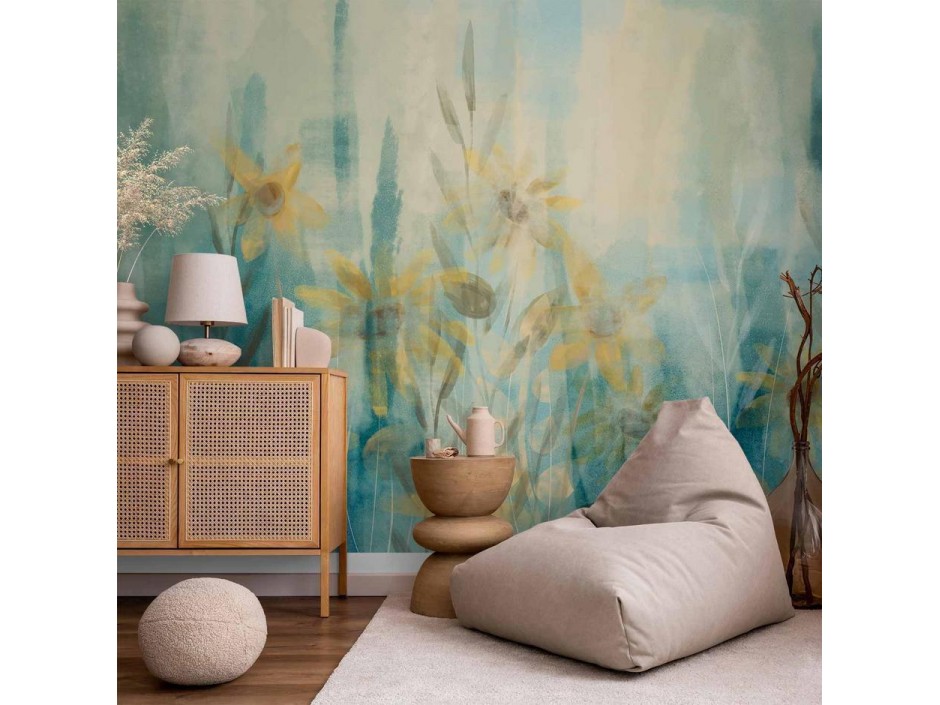 Papier peint - A touch of summer - floral motif with a meadow of flowers in blue tones