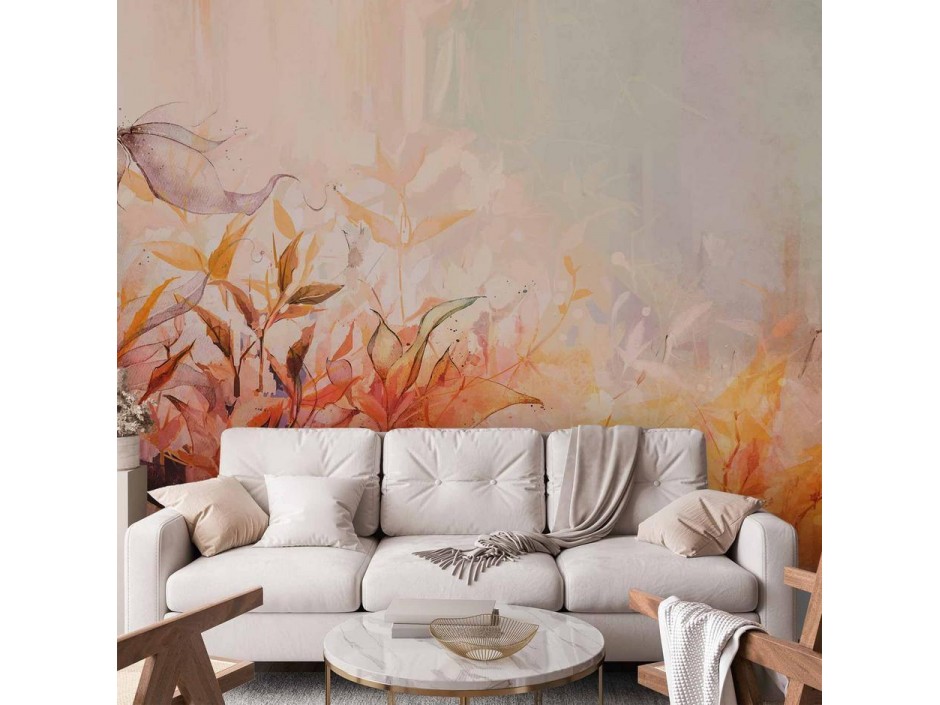 Papier peint - Flaming meadow - nature landscape with meadow of flowers and leaves in watercolour style