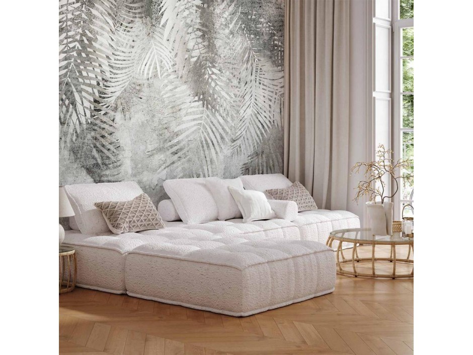 Papier peint - Light and shadow - grey and white composition with floral motif and pattern