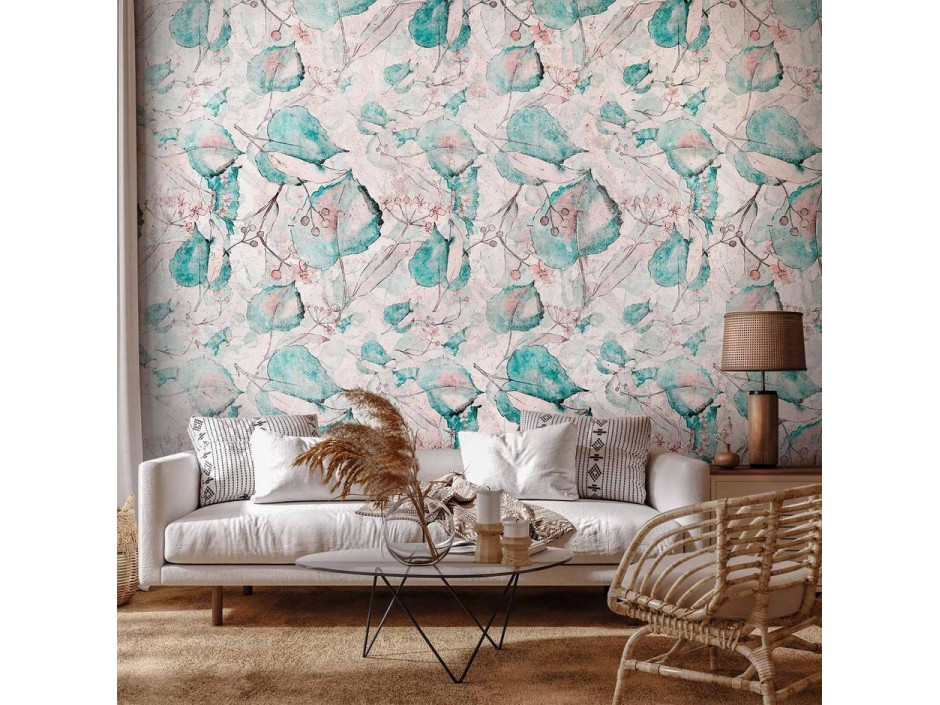 Papier peint - Autumn souvenirs - floral pattern with turquoise leaves