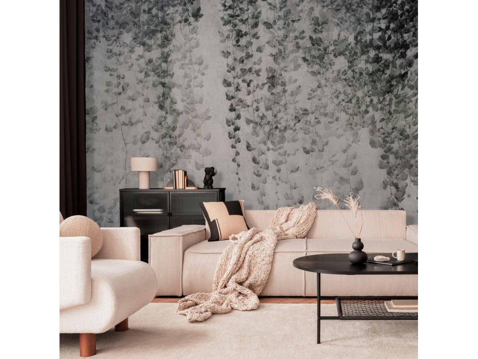 Papier peint - Peaceful oasis - landscape of hanging black leaf vines on a grey background