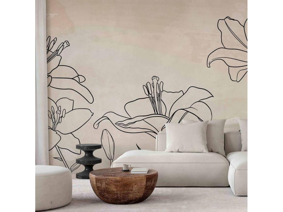 Papier peint - Sketch of nature - minimalist lineart with lily flowers on a beige background