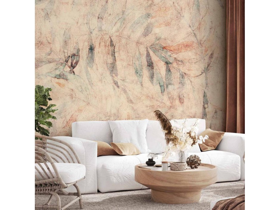 Papier peint - Greek laurels - composition with leaves in patterns on a background in yellow tones