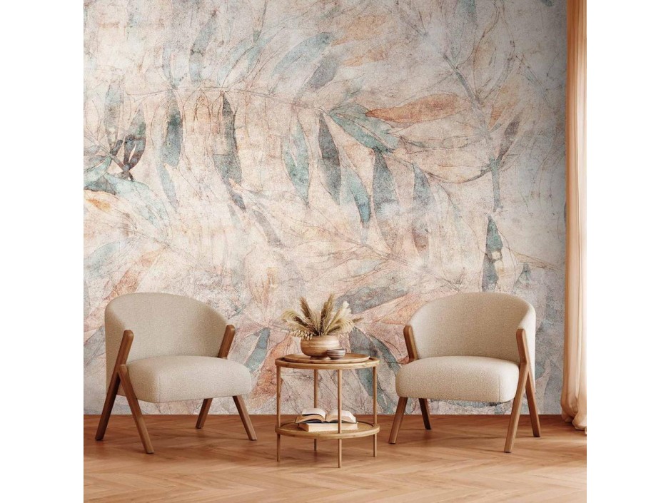 Papier peint - Greek laurels - faded composition with leaves on a beige patterned background