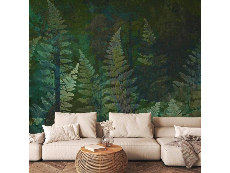 Papier peint - Green abstraction in the forest - fern leaves in the trunks with patterns