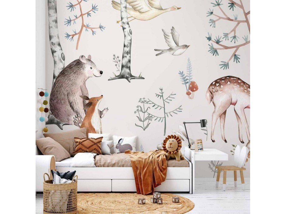 Papier peint - Forest Land With Animals Painted in Watercolours