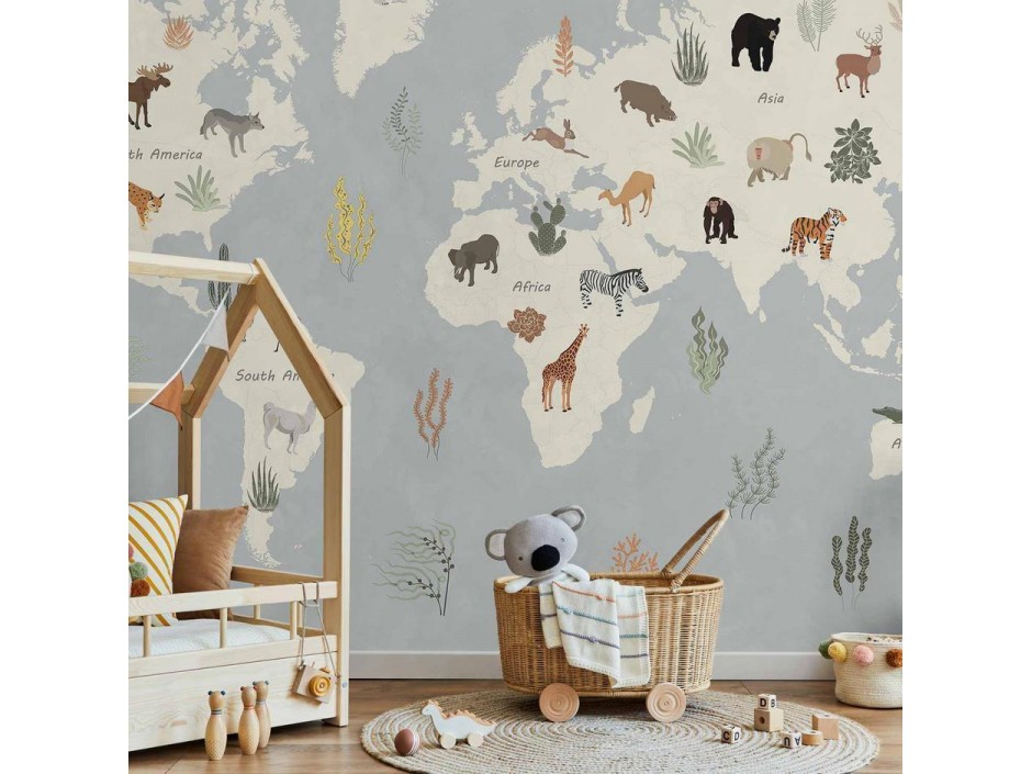 Papier peint - Pastel Planet - Animals and Underwater Plants on a Map