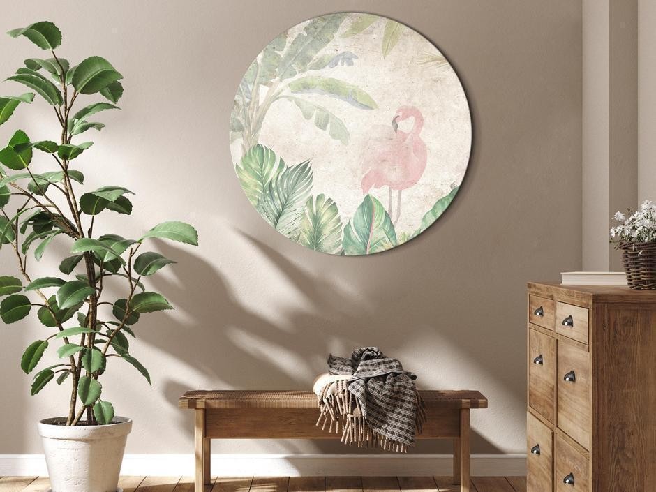 Tableau rond - Birds wading among exotic flora - Flamingos amidst lush tropical vegetation in soft pastel shades of gree