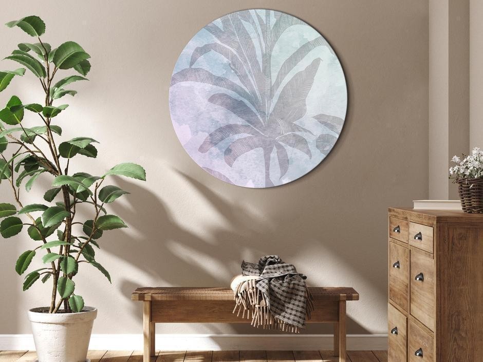 Tableau rond - Palm trees in the fog - Palm trees among pastel clouds in purple and celadon tones