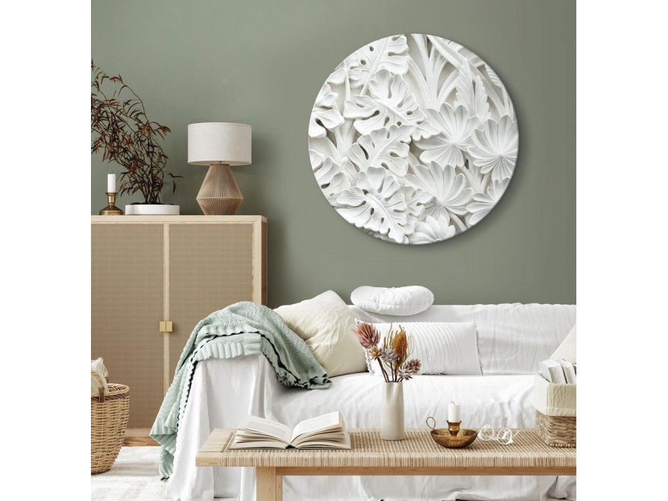 Tableau rond - Carved Nature - Pattern With White Leaves Made of Stone