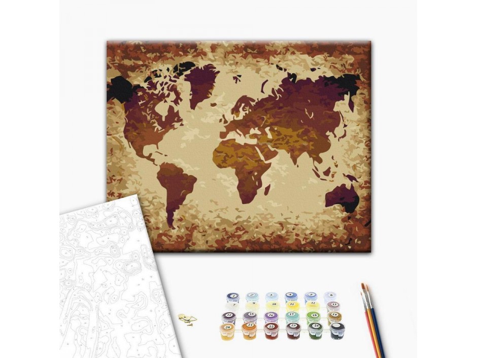 Tableau à peindre par soi-même - Carte du monde (nuances de brun)