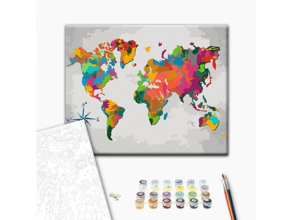 Tableau à peindre par soi-même - Carte du monde (avec rose des vents)