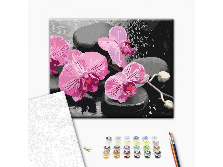 Tableau à peindre par soi-même - Orchidée et pierres zen (fond noir)