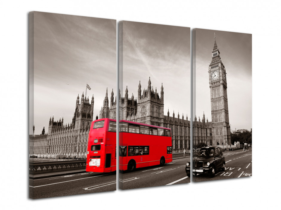 Tableau triptyque Londres noir et Blanc et bus rouge